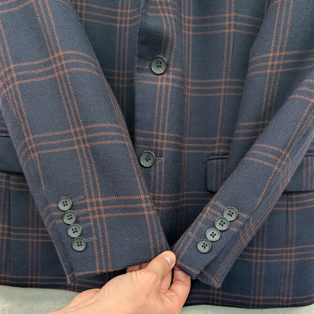 Stafford Blazer Men's 44R Navy Blue Rust Plaid Wool Slim Fit Business Windowpane